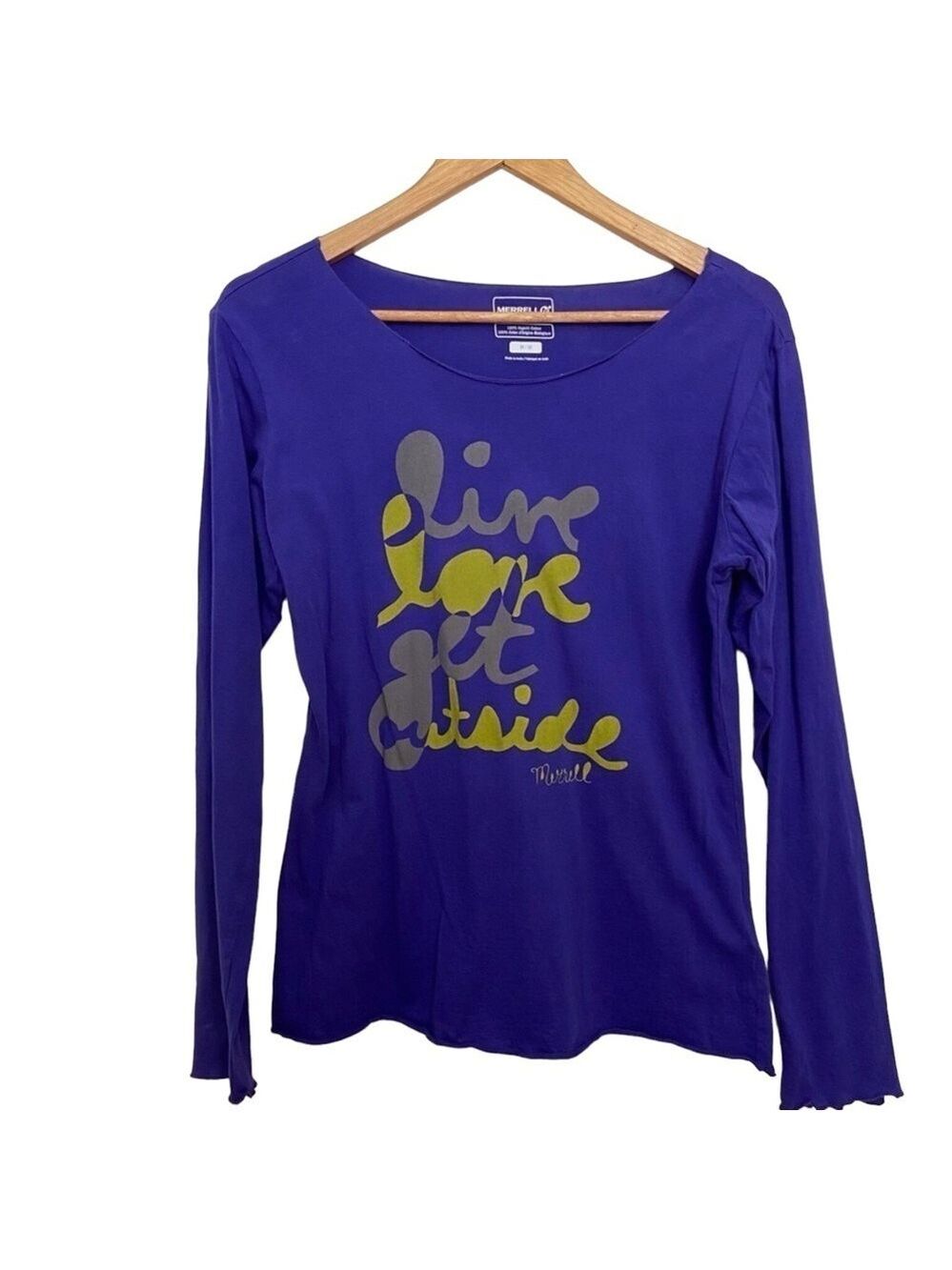MERRELL graphic shirt long sleeves purple soft 100% organic cotton medium